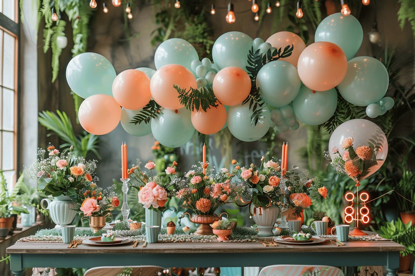 Ballons colorés et décorations festives modernes  
Table dressée avec motifs élégants et éclats de fête