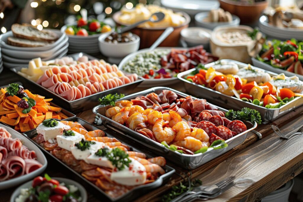 Buffet coloré avec plats variés et convives souriants