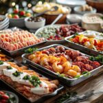 Buffet coloré avec plats variés et convives souriants