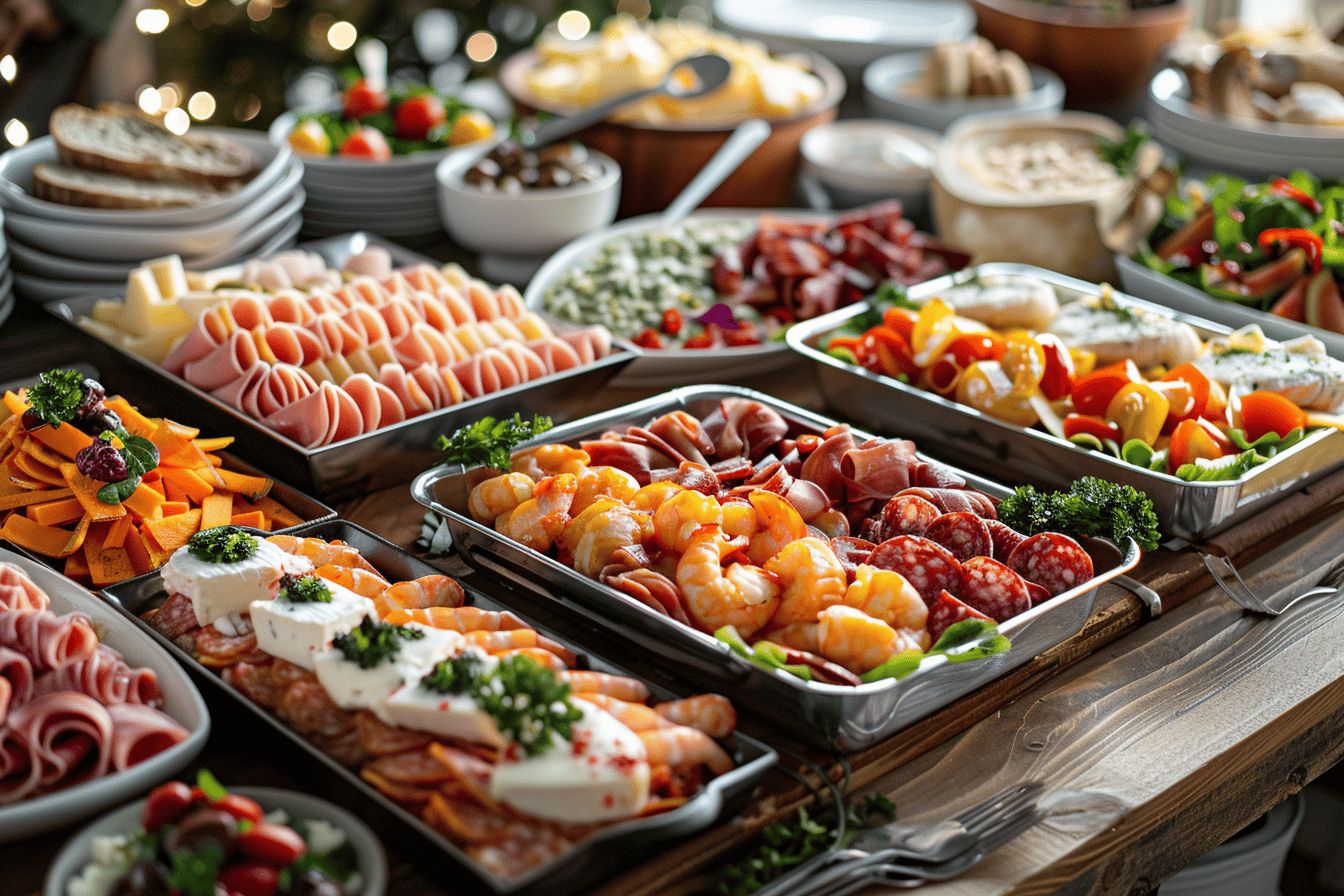 Buffet coloré avec plats variés et convives souriants