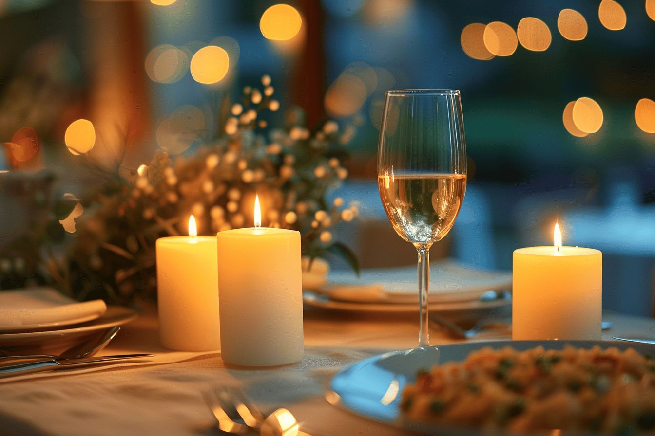 Candlelight dinner setup for romantic celebration  
Couple enjoying a cozy evening on Valentine's Day