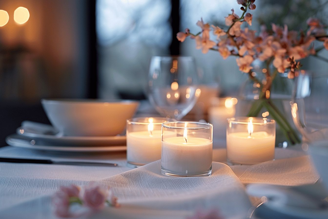 Dîner romantique avec chandelles et mets savoureux  
Ambiance chaleureuse pour une soirée inoubliable
