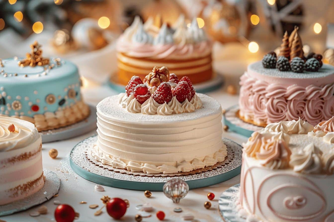Gâteau d'anniversaire décoré avec des bougies colorées  
Délisse festive avec plusieurs couches de crème et fruits