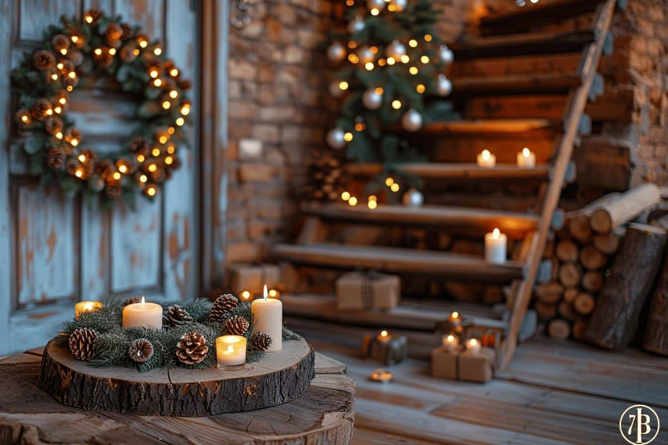 Intérieur festif avec décorations de Noël scintillantes  
Ambiance enchantée grâce aux éléments de décoration hivernale