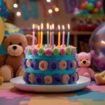 Fête d'anniversaire avec ballons et gâteau coloré
