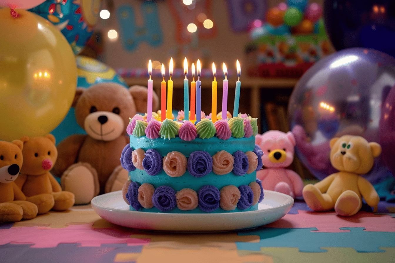 Fête d'anniversaire avec ballons et gâteau coloré