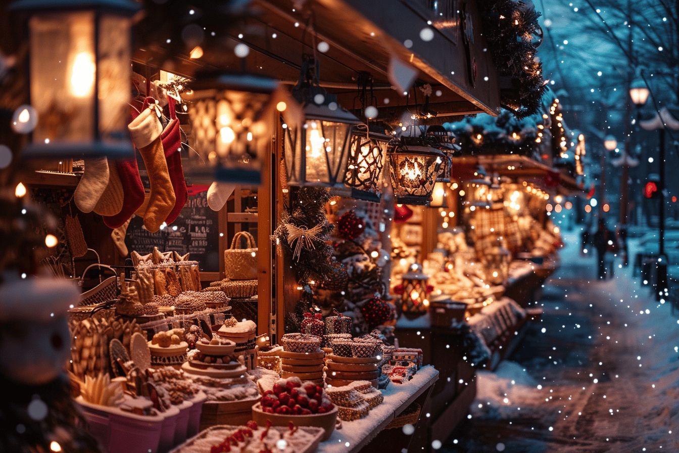 Marché festif illuminé avec stands colorés