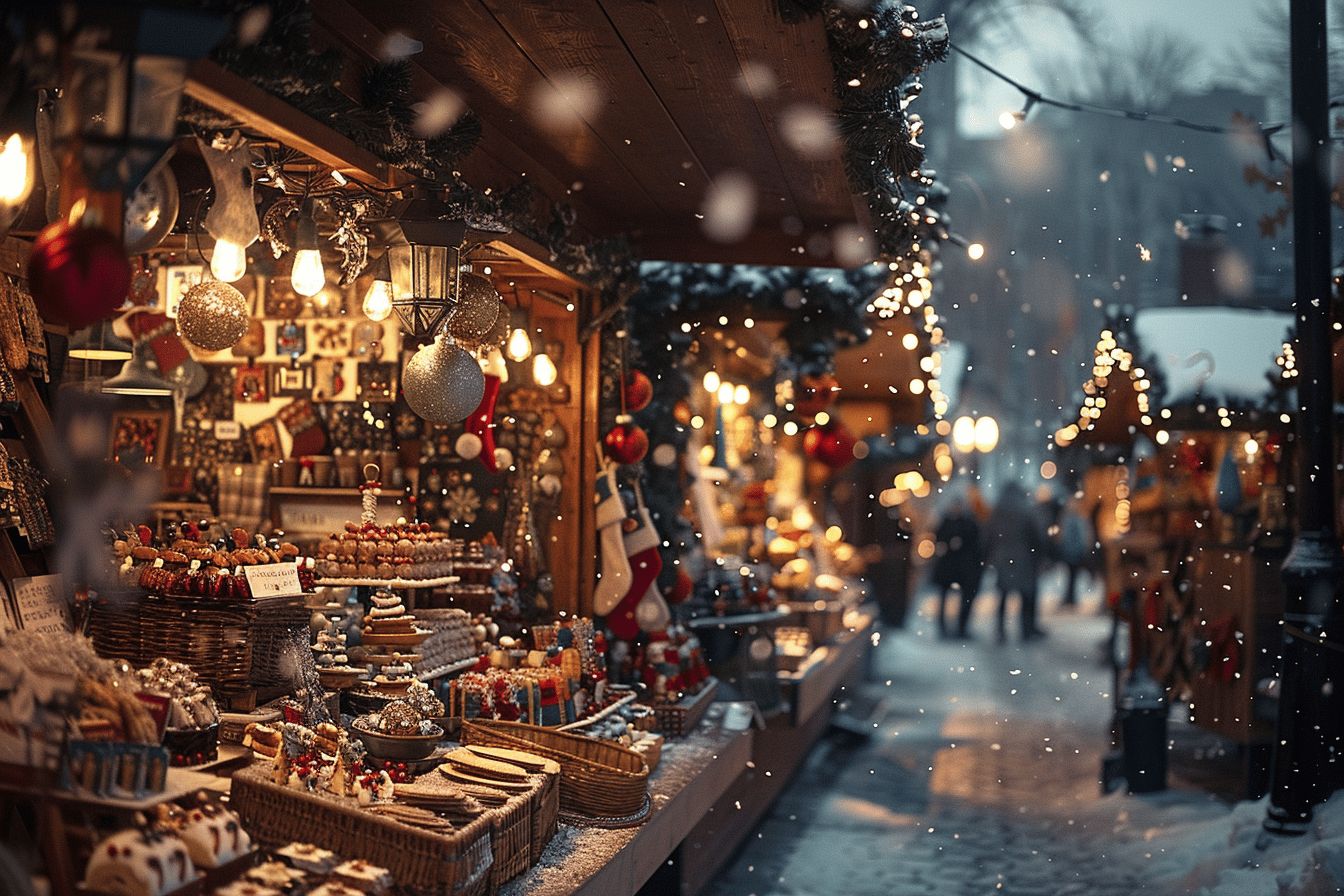 Marché festif illuminé avec stands colorés  
Ambiance chaleureuse avec décorations hivernales